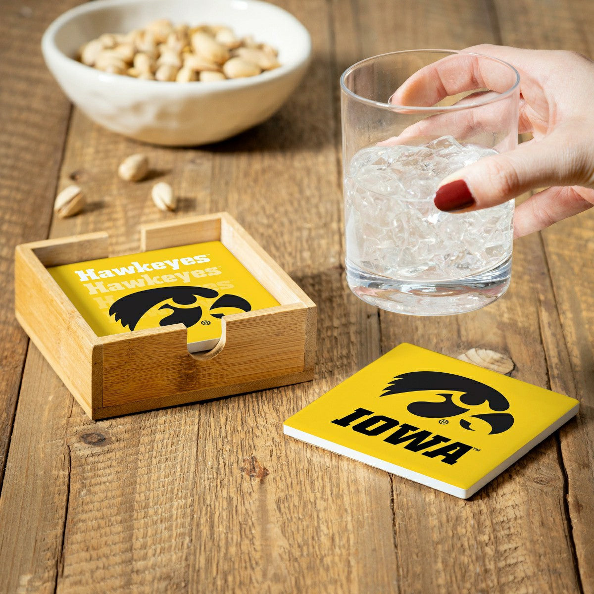 University of Iowa Ceramic Coasters Set, 4pcs with Wood Caddy - Collegiate Home