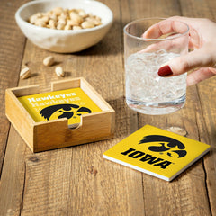 University of Iowa Ceramic Coasters Set, 4pcs with Wood Caddy - Collegiate Home