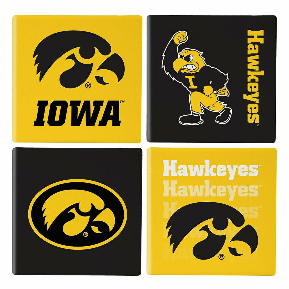 University of Iowa Ceramic Coasters Set, 4pcs with Wood Caddy - Collegiate Home