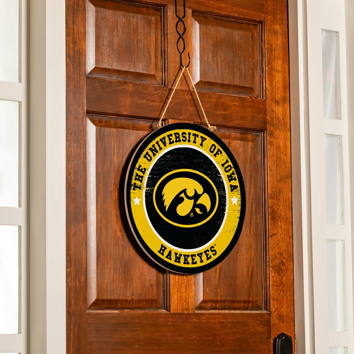 University of Iowa Round Door Décor with Hanging Rope, 18x18 - Collegiate Home