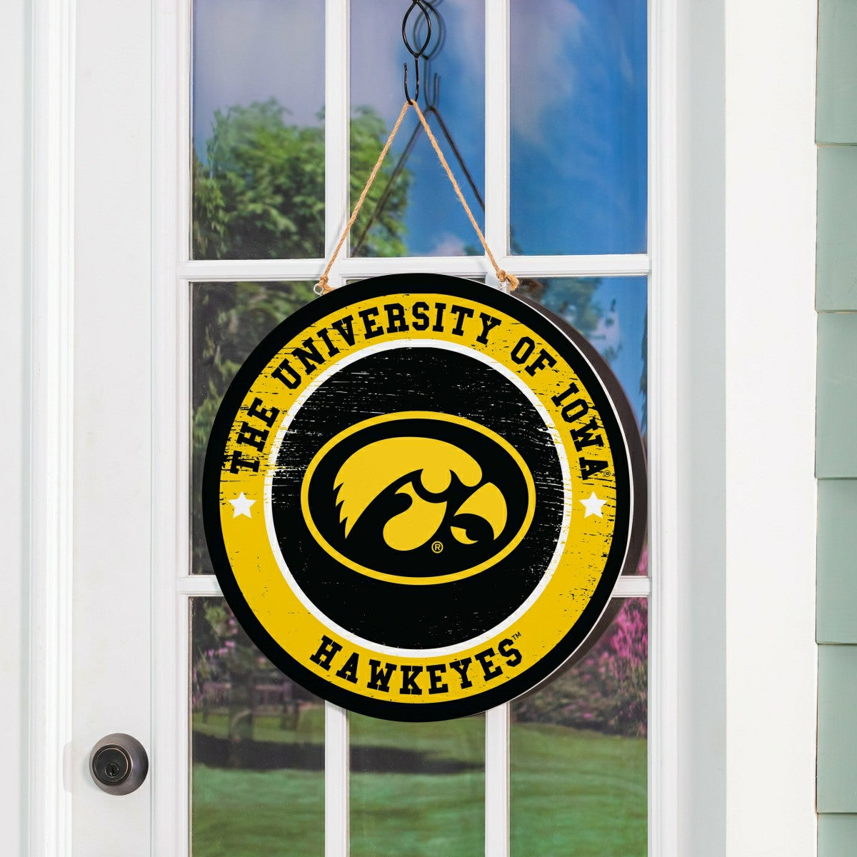 University of Iowa Round Door Décor with Hanging Rope, 18x18 - Collegiate Home