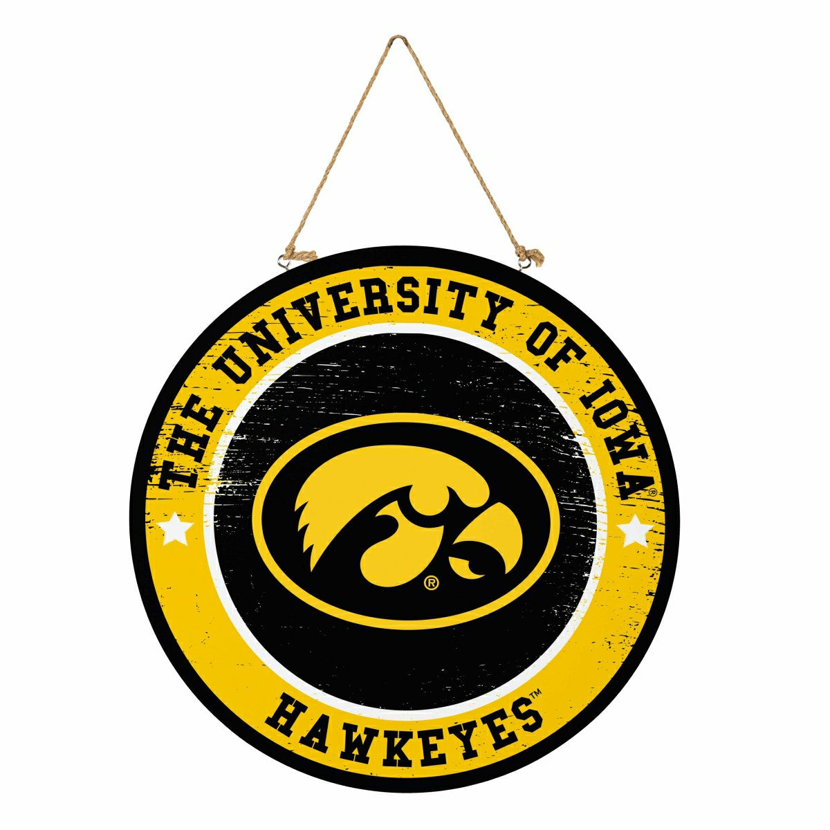 University of Iowa Round Door Décor with Hanging Rope, 18x18 - Collegiate Home