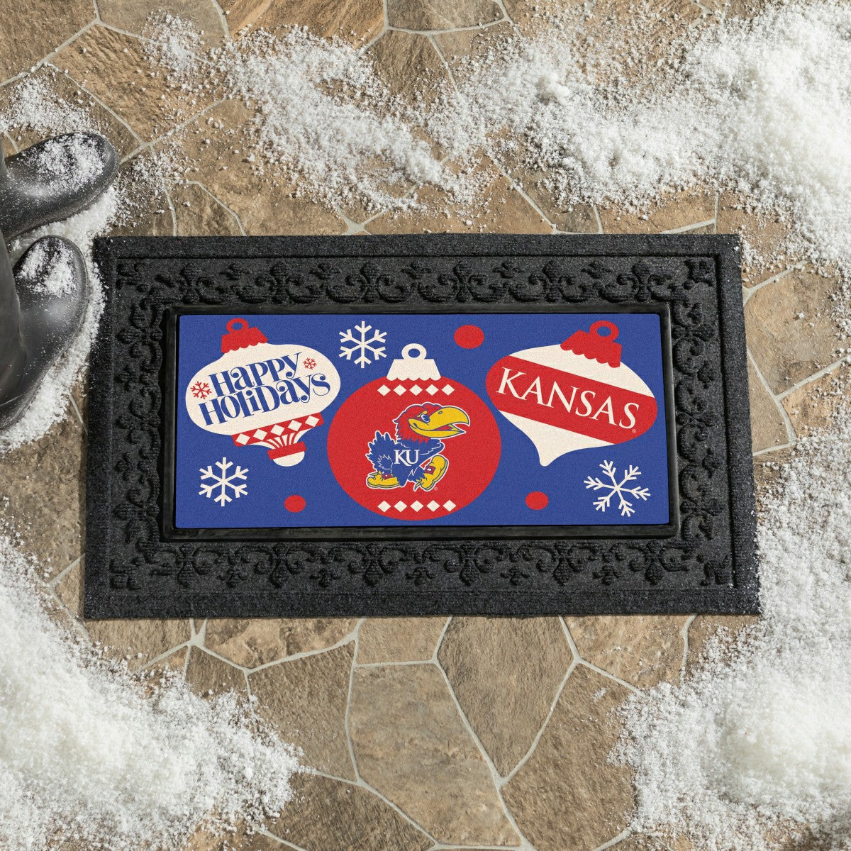 University of Kansas Holiday Flocked Coir Sassafras Switch Mat, 22"x10 - Collegiate