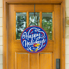 University of Kansas Holiday Round Door Décor with Hanging Rope, 18x18 - Collegiate Home