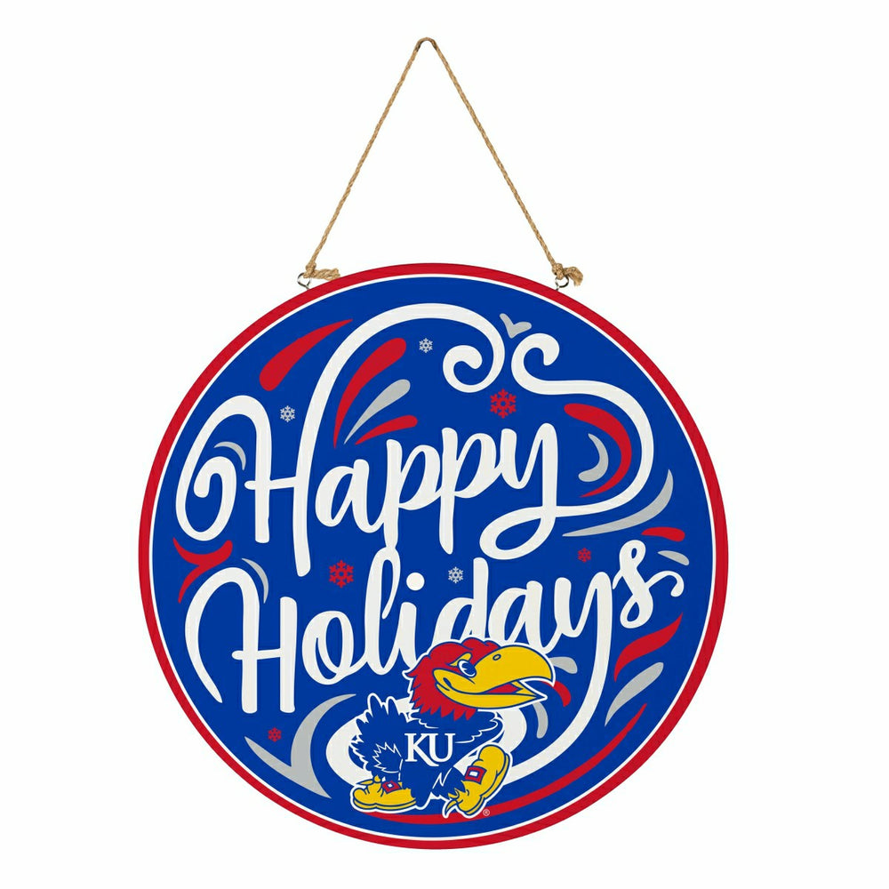 University of Kansas Holiday Round Door Décor with Hanging Rope, 18x18 - Collegiate Home