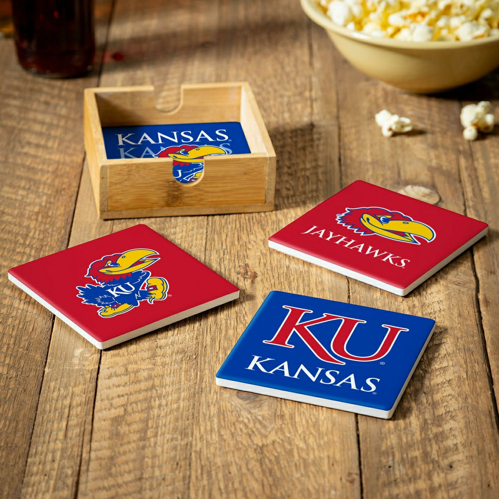 University of Kansas Ceramic Coasters Set, 4pcs with Wood Caddy - Collegiate Home