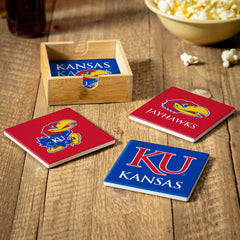 University of Kansas Ceramic Coasters Set, 4pcs with Wood Caddy - Collegiate Home