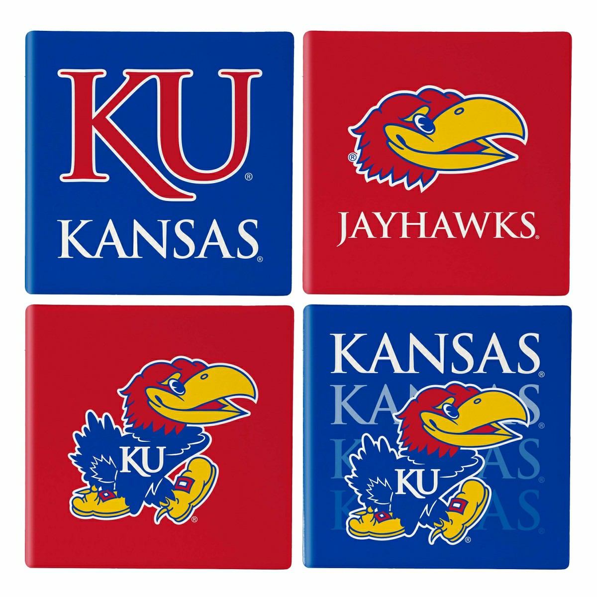 University of Kansas Ceramic Coasters Set, 4pcs with Wood Caddy - Collegiate Home