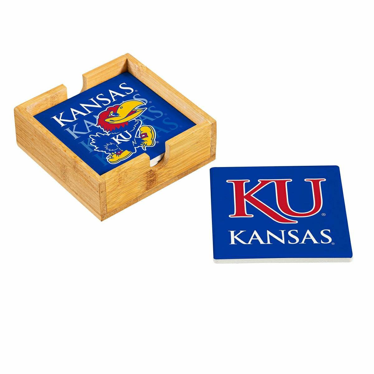 University of Kansas Ceramic Coasters Set, 4pcs with Wood Caddy - Collegiate Home
