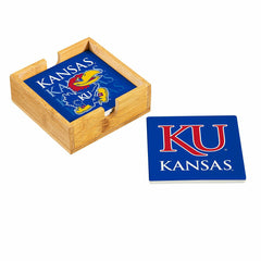 University of Kansas Ceramic Coasters Set, 4pcs with Wood Caddy - Collegiate Home