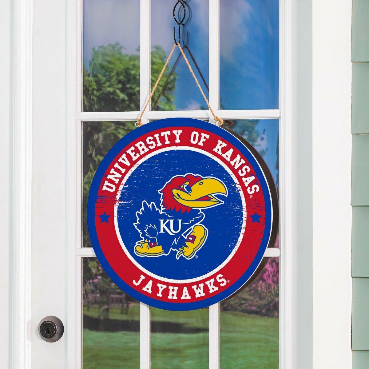 University of Kansas Round Door Décor with Hanging Rope, 18x18 - Collegiate Home