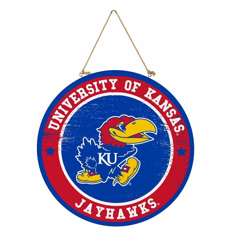 University of Kansas Round Door Décor with Hanging Rope, 18x18 - Collegiate Home