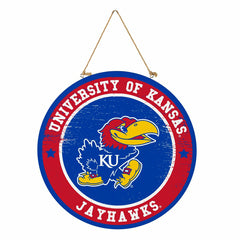 University of Kansas Round Door Décor with Hanging Rope, 18x18 - Collegiate Home