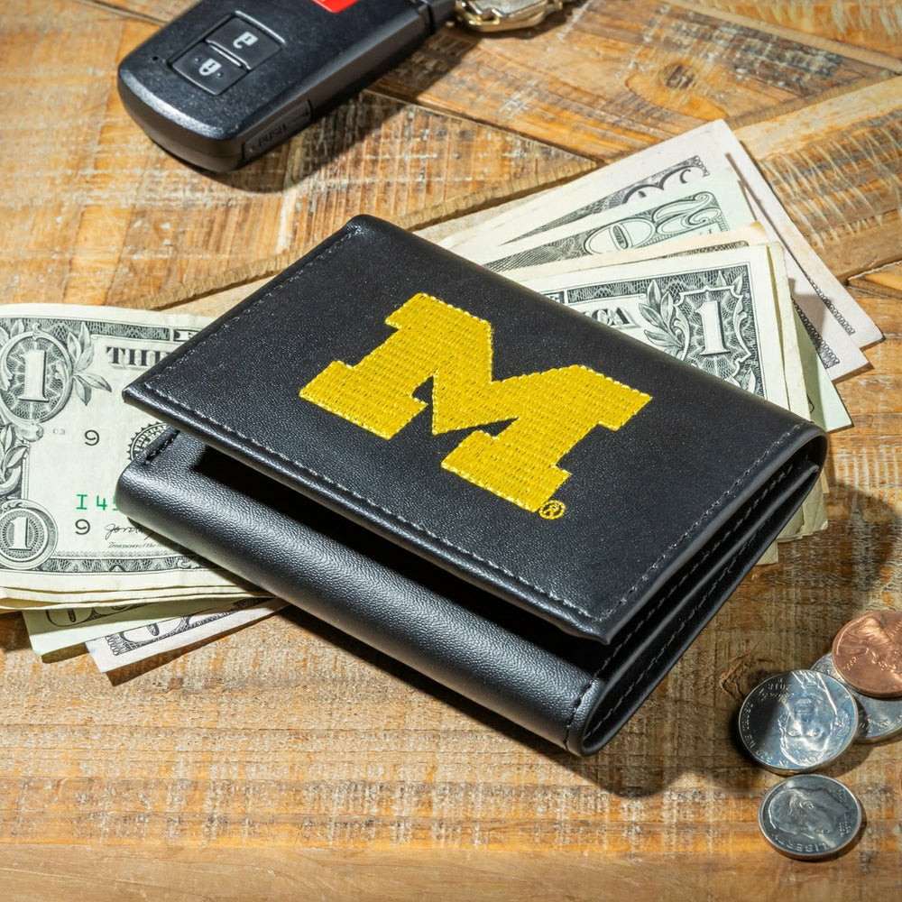 University Of Michigan Black Tri-Fold Embroidered Wallet w/ RFID Blocking - Collegiate Home