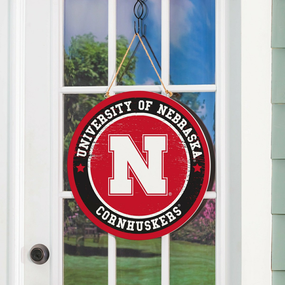 University of Nebraska Round Door Décor with Hanging Rope, 18x18 - Collegiate Home