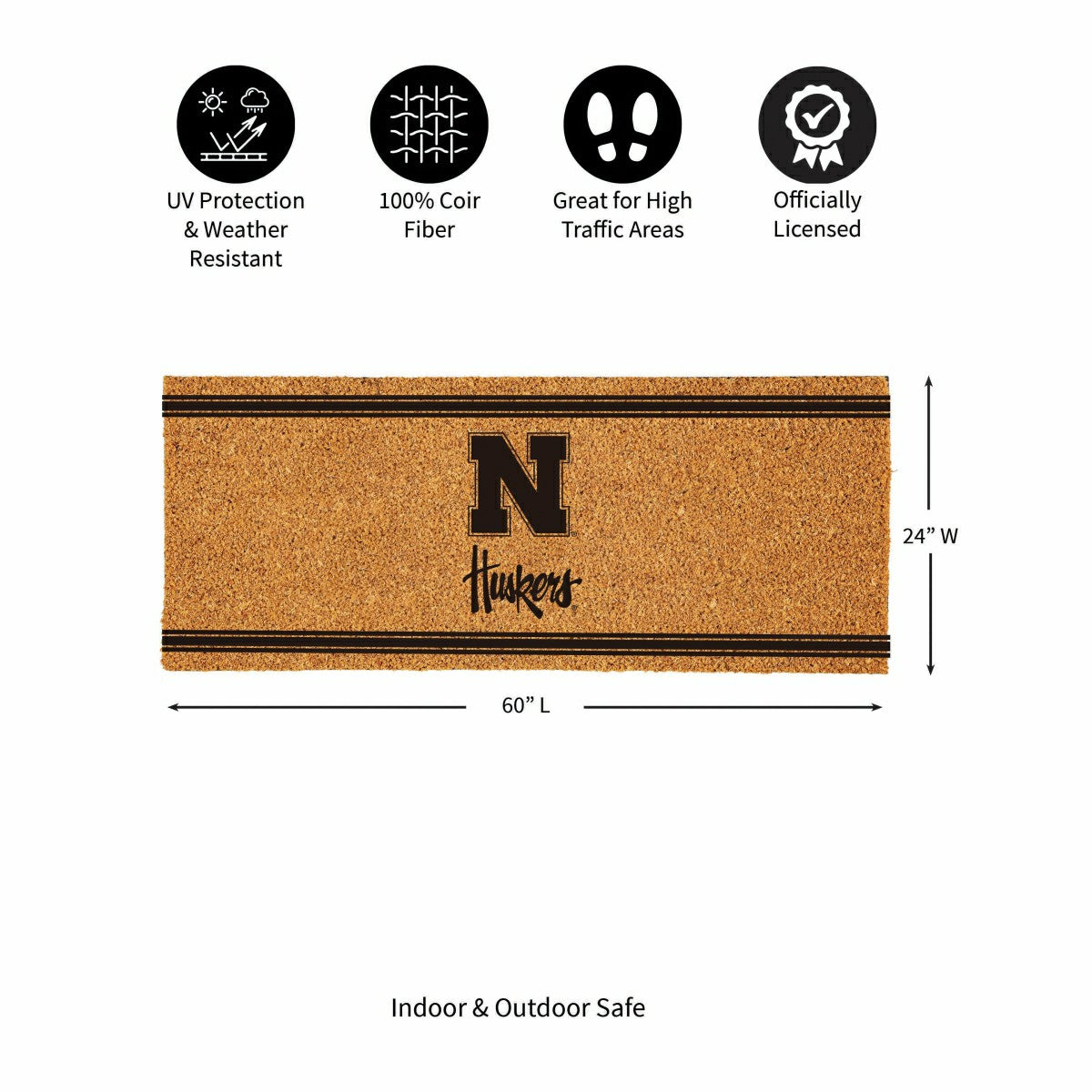 University of Nebraska Extra Large One Color Coir Mat, 60"x24" - Collegiate