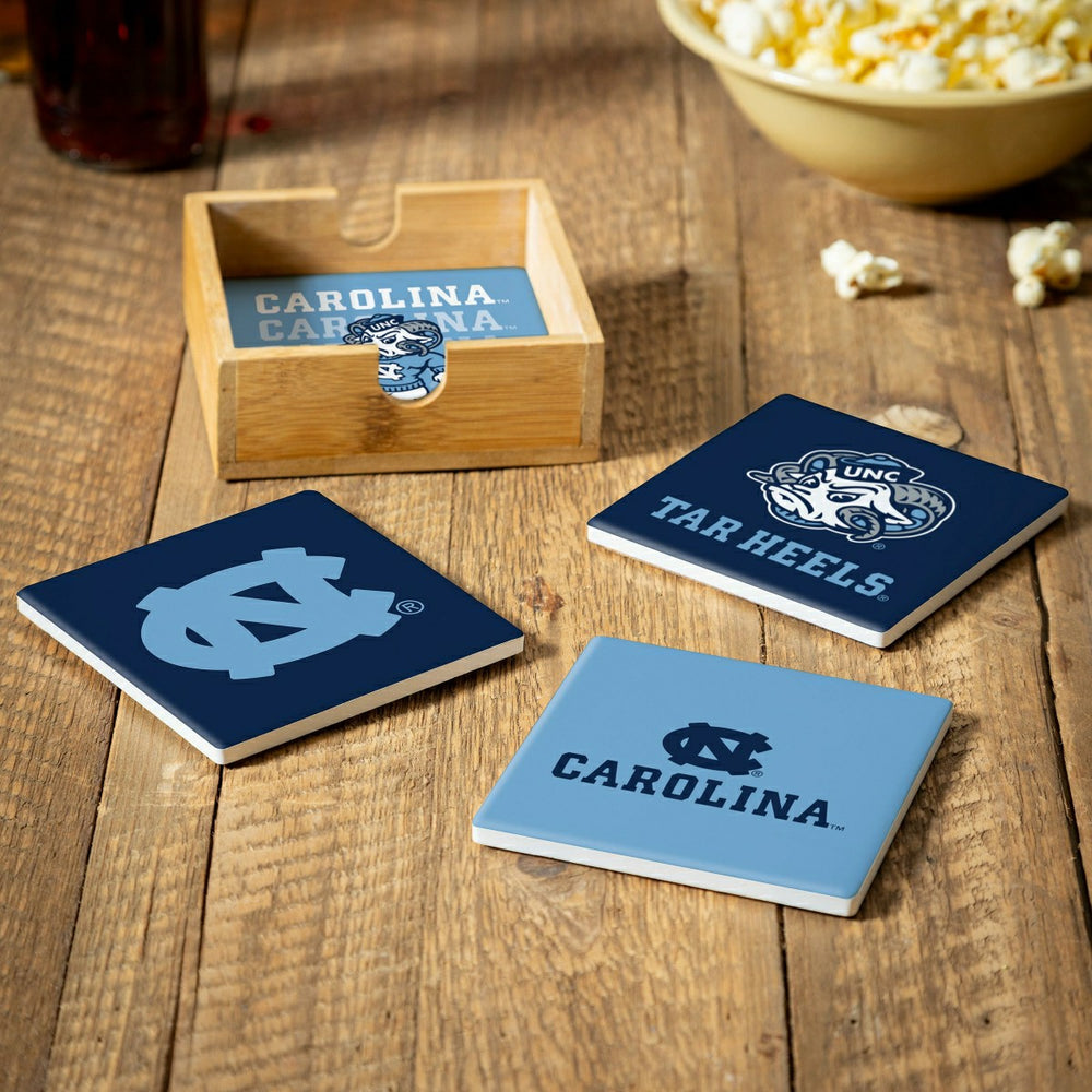 University of North Carolina Ceramic Coasters Set, 4pcs with Wood Cadd - Collegiate Home