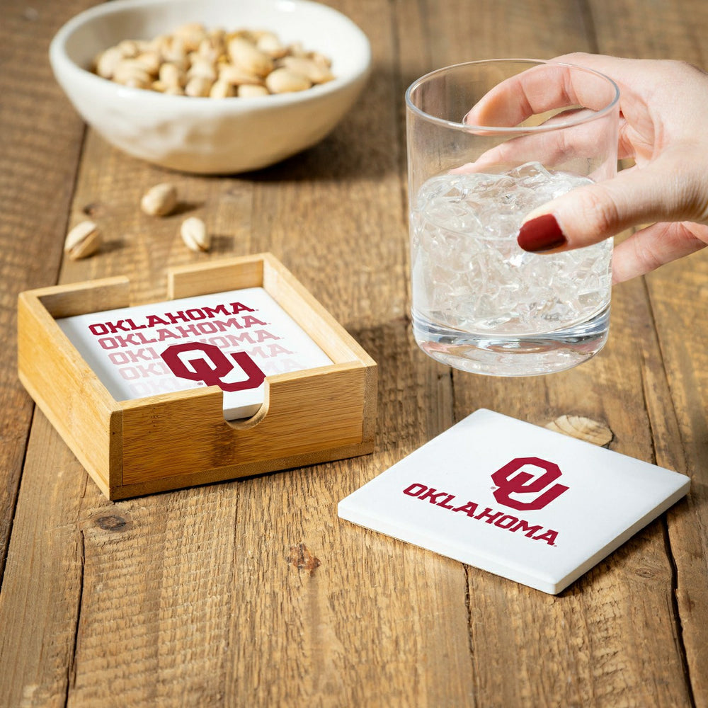 University of Oklahoma Ceramic Coasters Set, 4pcs with Wood Caddy - Collegiate Home