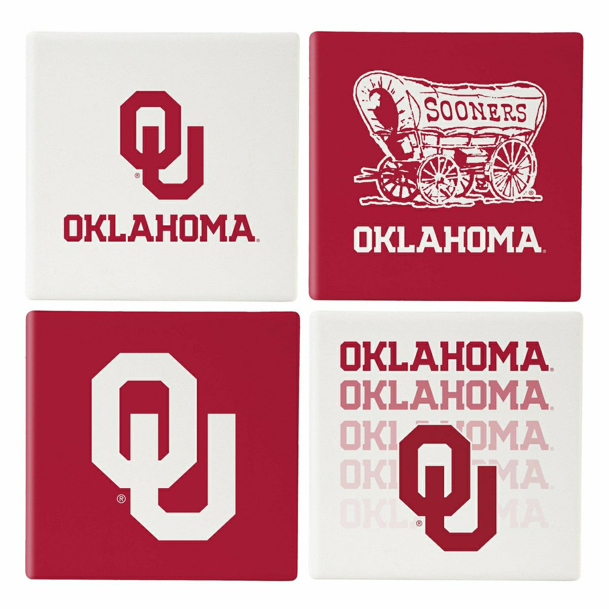 University of Oklahoma Ceramic Coasters Set, 4pcs with Wood Caddy - Collegiate Home