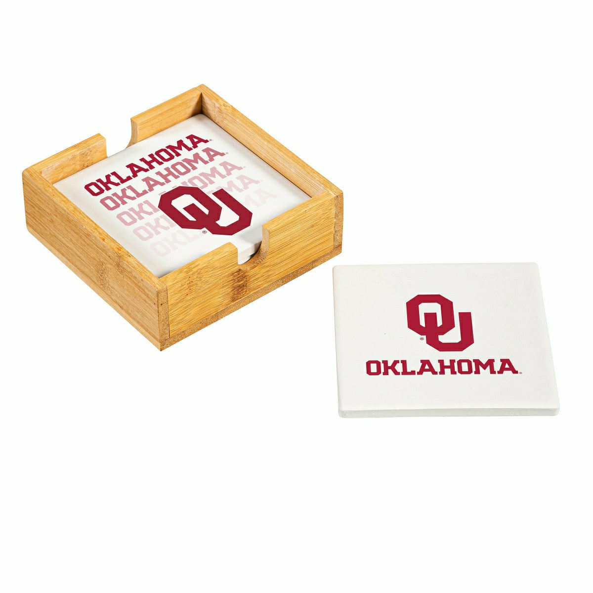 University of Oklahoma Ceramic Coasters Set, 4pcs with Wood Caddy - Collegiate Home