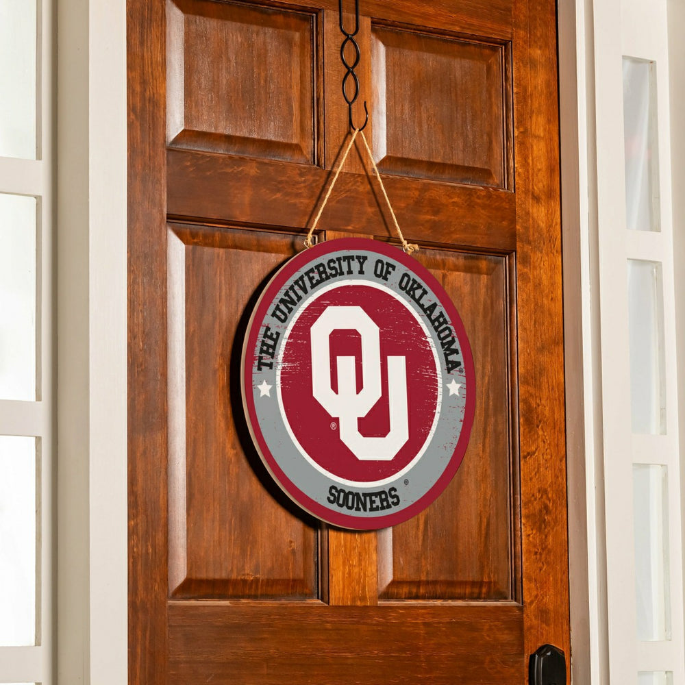 University of Oklahoma Round Door Décor with Hanging Rope, 18x18 - Collegiate Home