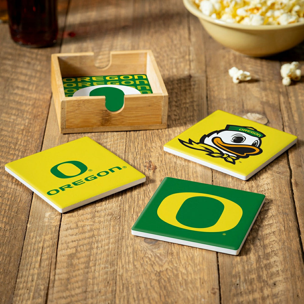 University of Oregon Ceramic Coasters Set, 4pcs with Wood Caddy - Collegiate Home