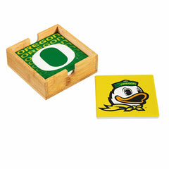 University of Oregon Ceramic Coasters Set, 4pcs with Wood Caddy - Collegiate Home