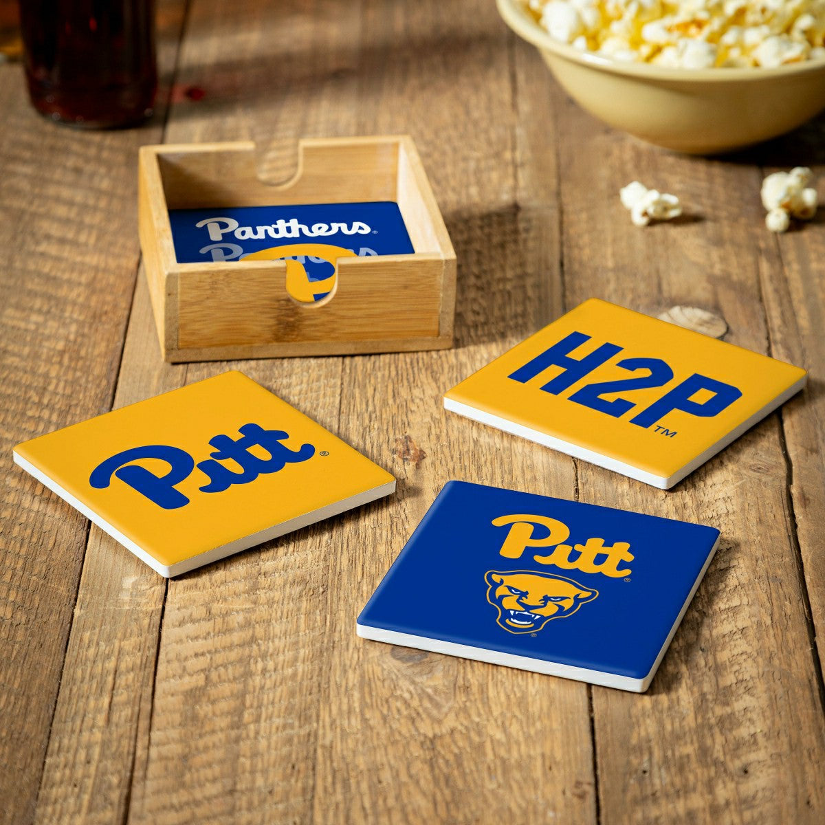University of Pittsburgh Ceramic Coasters Set, 4pcs with Wood Caddy - Collegiate Home