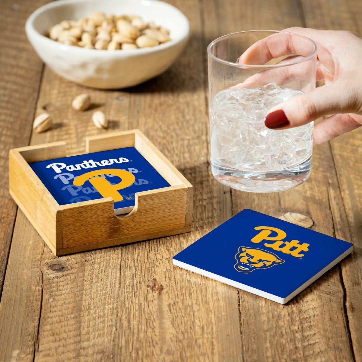 University of Pittsburgh Ceramic Coasters Set, 4pcs with Wood Caddy - Collegiate Home
