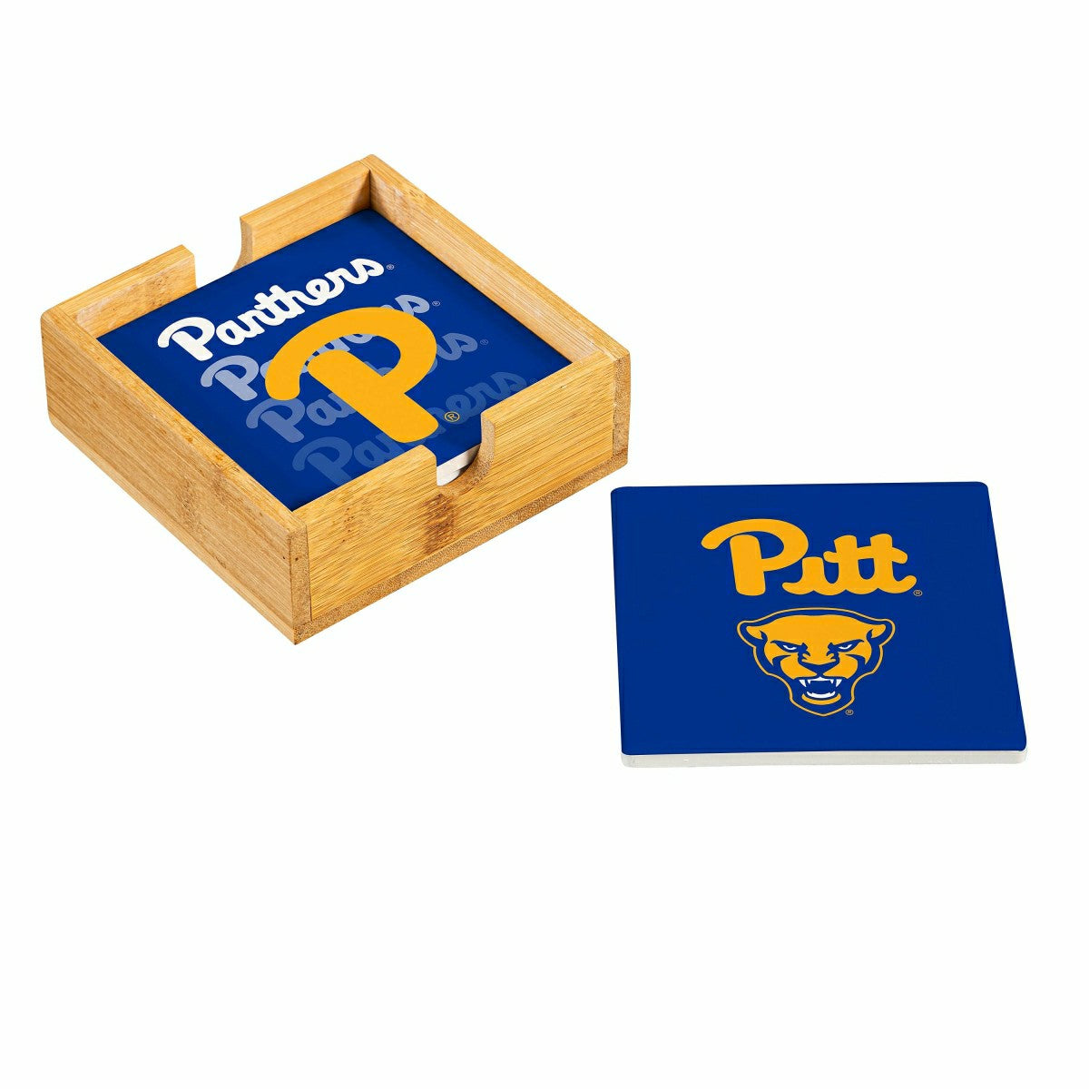 University of Pittsburgh Ceramic Coasters Set, 4pcs with Wood Caddy - Collegiate Home