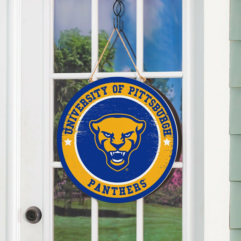 University of Pittsburgh Round Door Décor with Hanging Rope, 18x18 - Collegiate Home