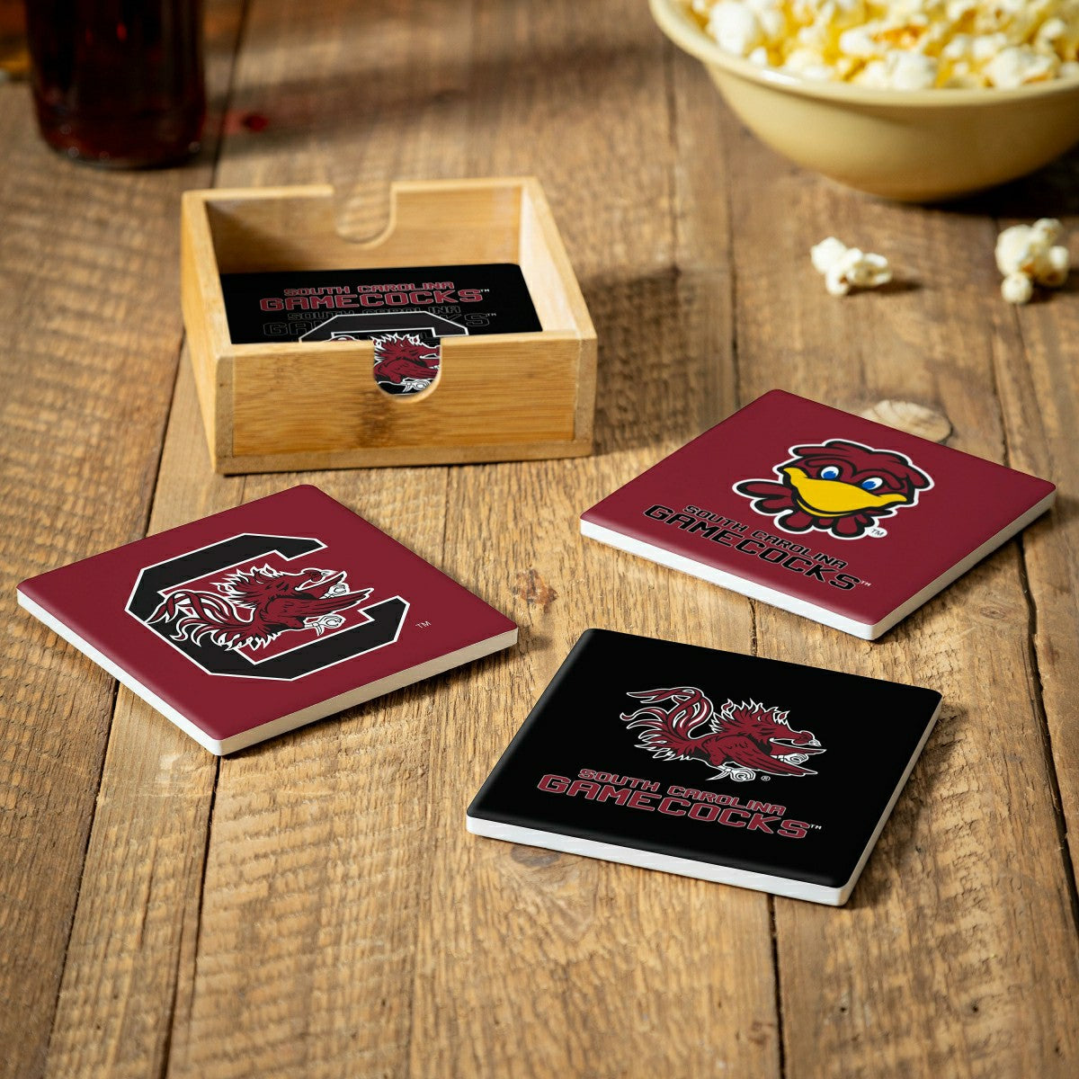 University of South Carolina Ceramic Coasters Set, 4pcs with Wood Cadd - Collegiate Home