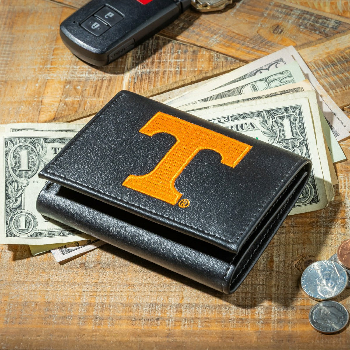 University of Tennessee Black Tri-Fold Embroidered Wallet w/ RFID Blocking - Collegiate Home