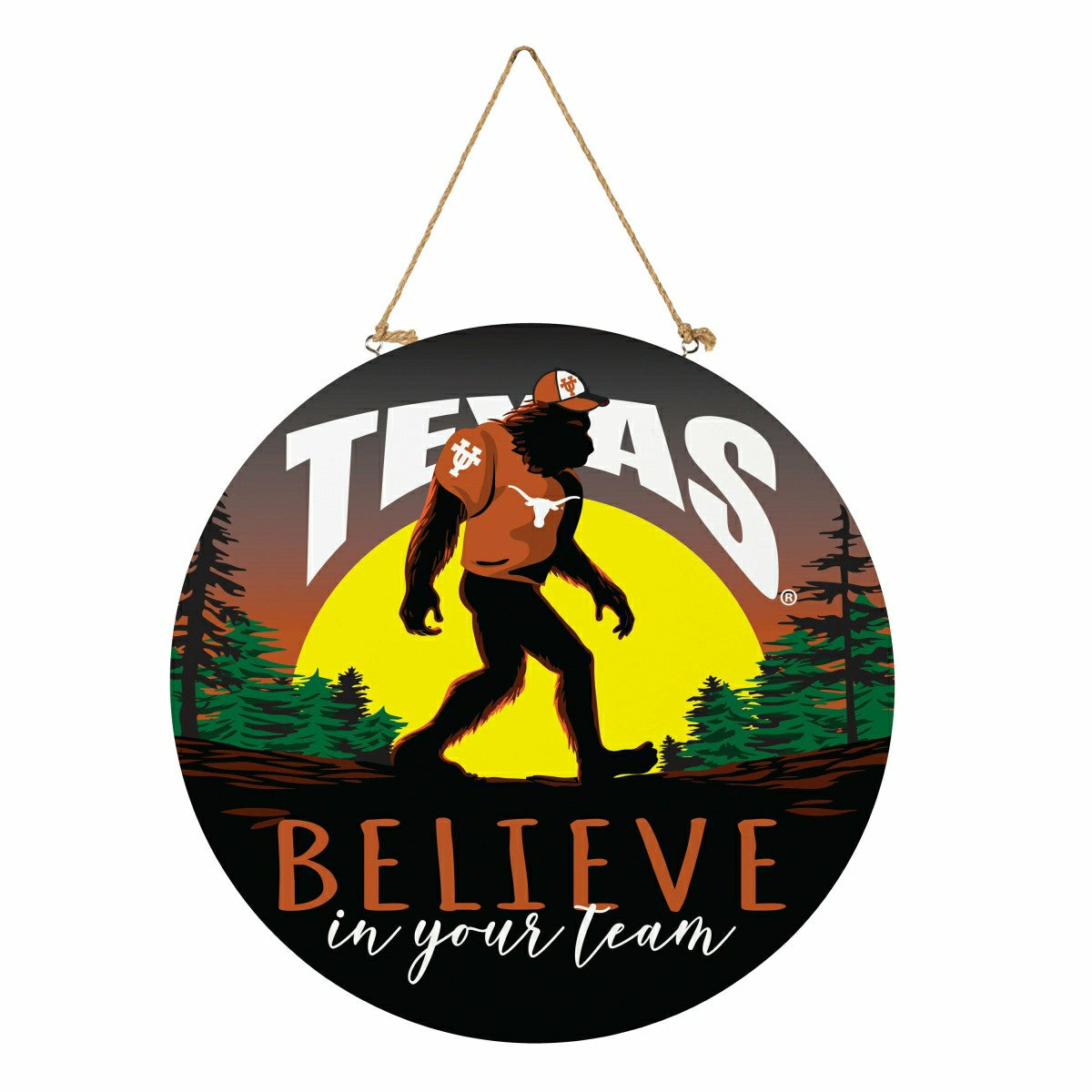 University of Texas Bigfoot Round Door Décor with Hanging Rope, 18x18 - Collegiate Home