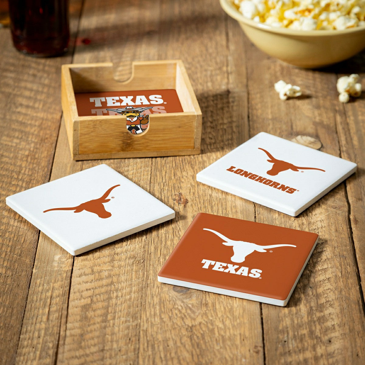 University of Texas Ceramic Coasters Set, 4pcs with Wood Caddy - Collegiate Home