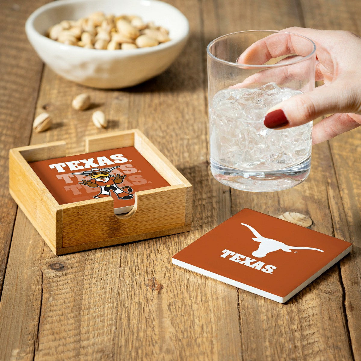 University of Texas Ceramic Coasters Set, 4pcs with Wood Caddy - Collegiate Home