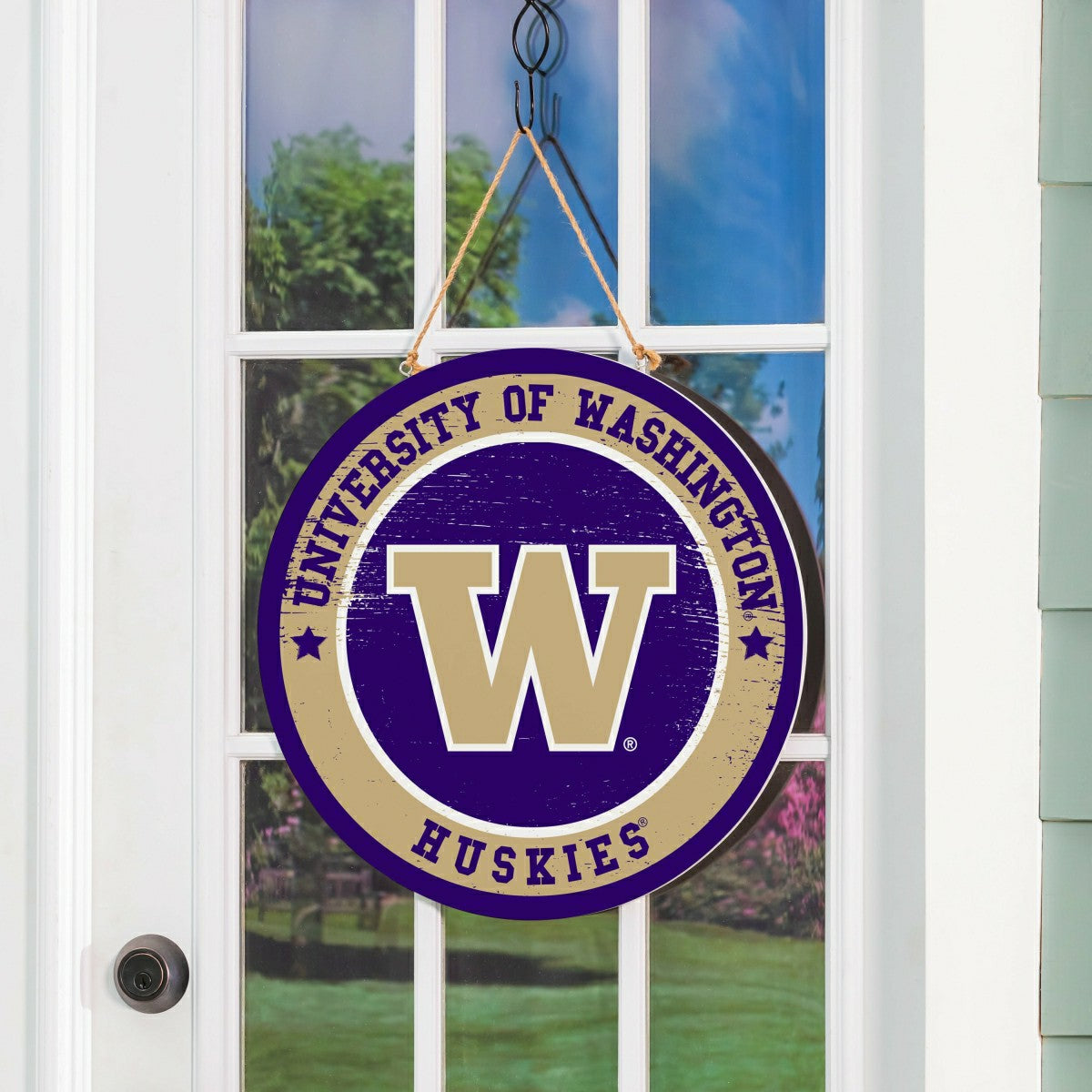 University of Washington Round Door Décor with Hanging Rope, 18x18 - Collegiate Home