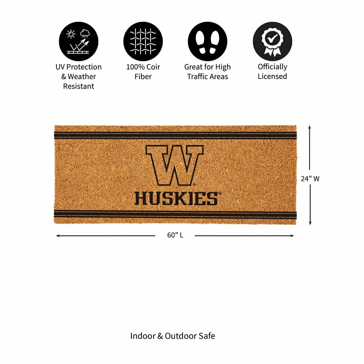 University of Washington Extra Large One Color Coir Mat, 60"x24" - Collegiate