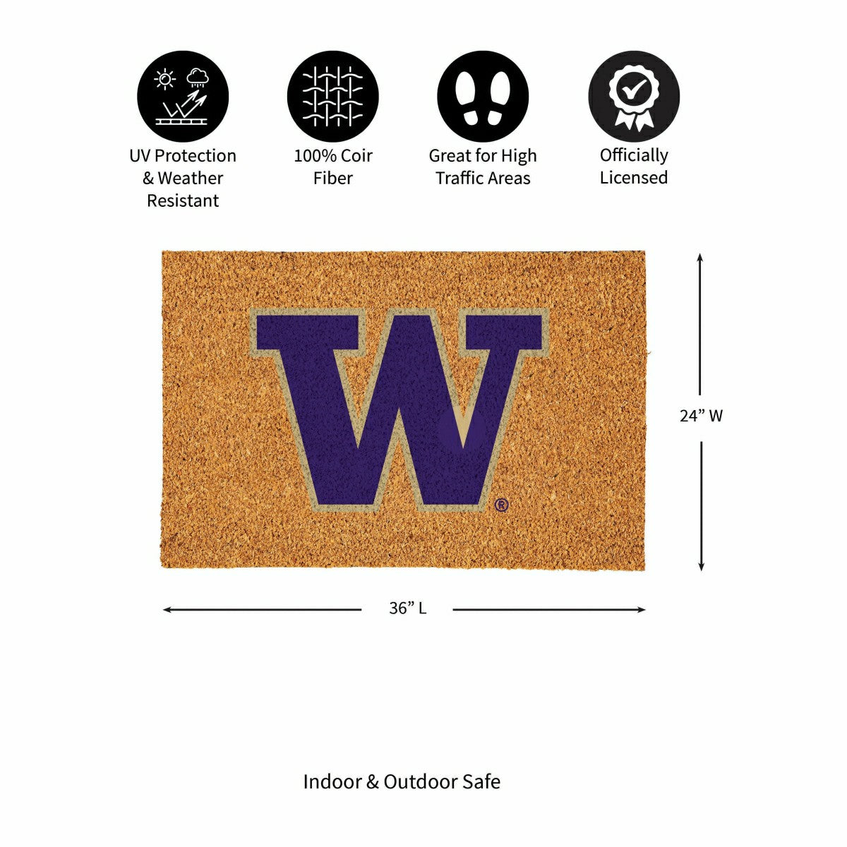 University of Washington Large Full Color Coir Mat, 36"x24" - Collegiate