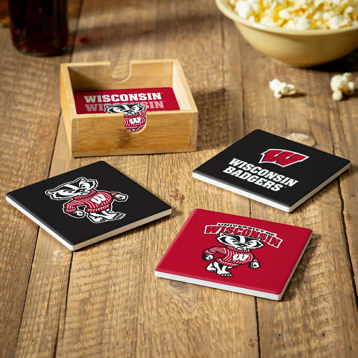 University of Wisconsin-Madison Ceramic Coasters Set, 4pcs with Wood C - Collegiate Home