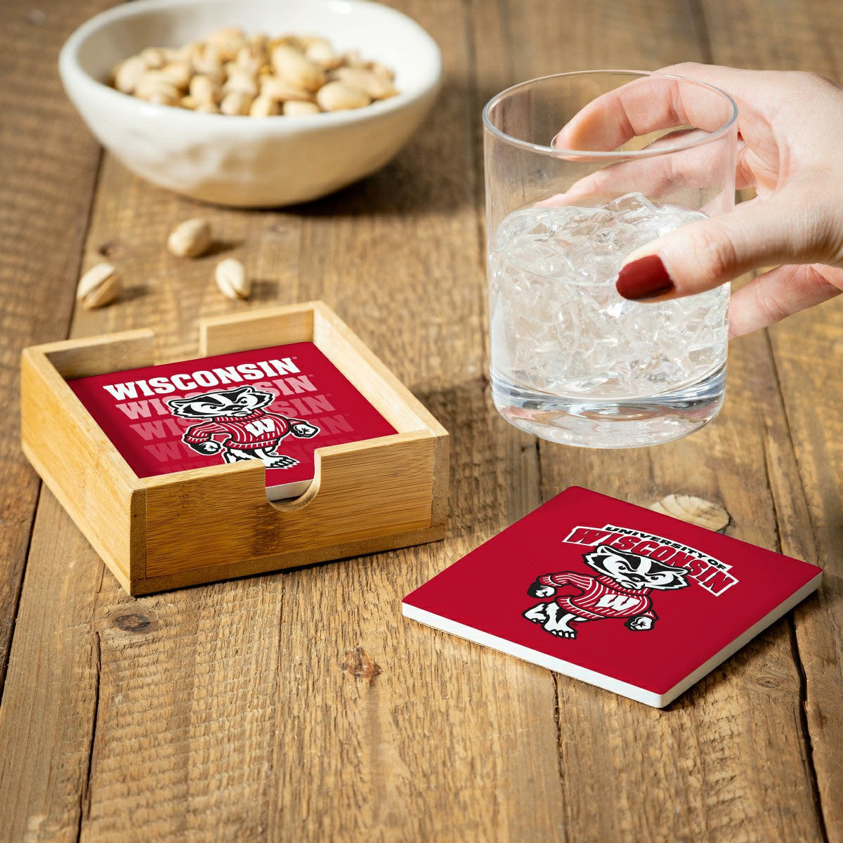 University of Wisconsin-Madison Ceramic Coasters Set, 4pcs with Wood C - Collegiate Home
