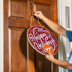 Virginia Tech Holiday Round Door Décor with Hanging Rope, 18x18 - Collegiate Home