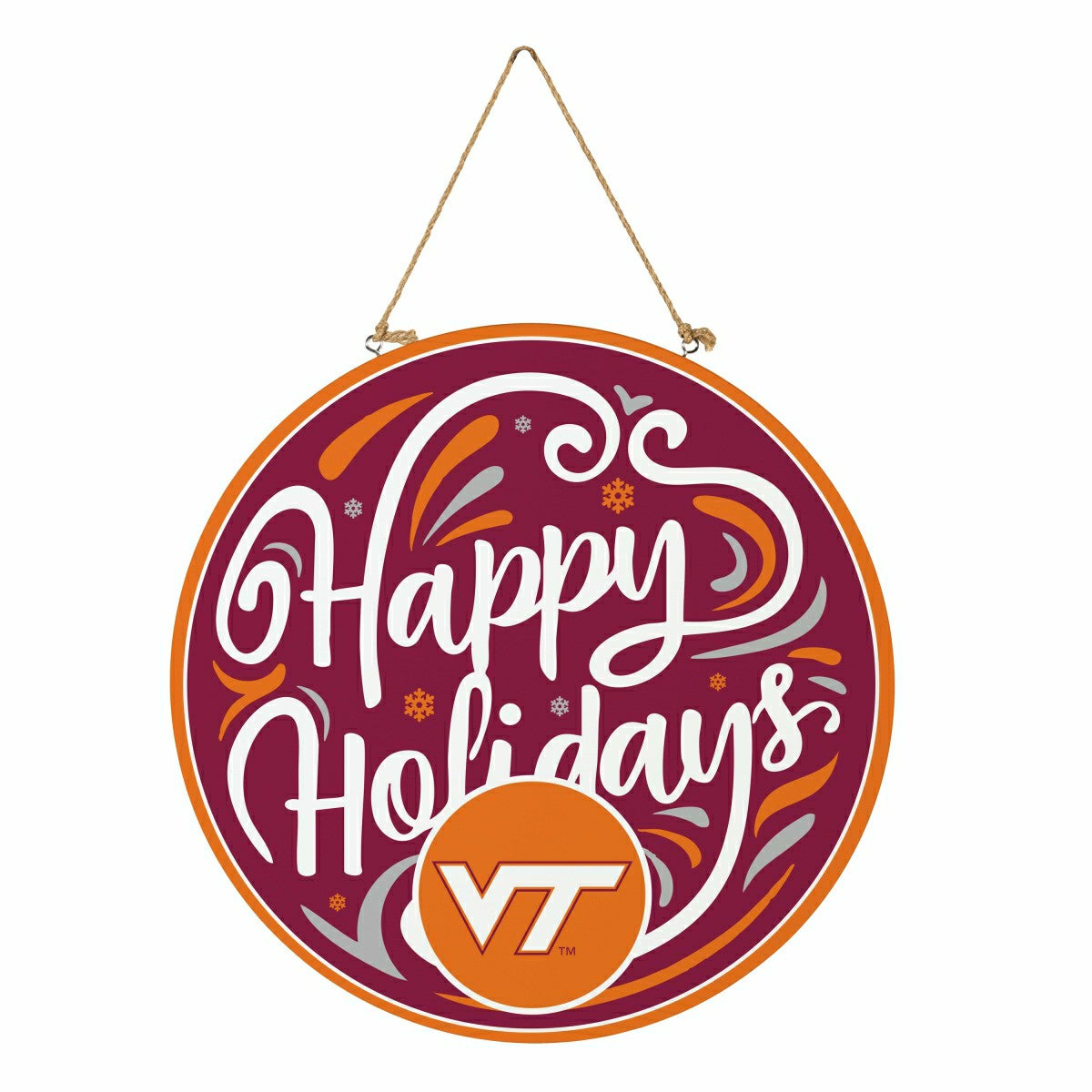 Virginia Tech Holiday Round Door Décor with Hanging Rope, 18x18 - Collegiate Home