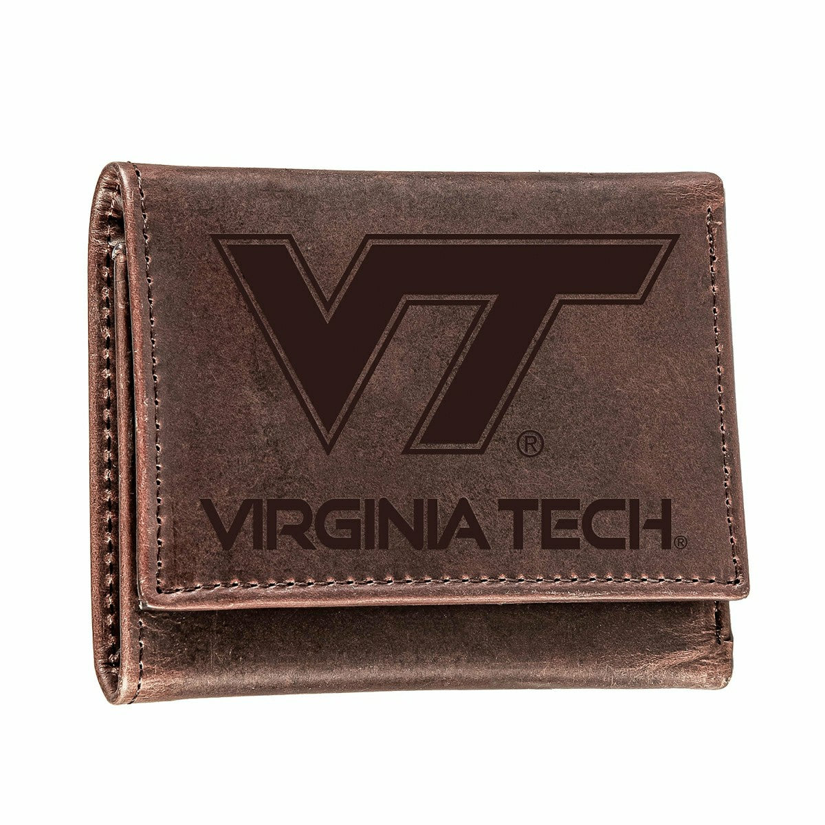 Virginia Tech, Tri-Fold Wallet, Brown, CH, 100% Genuine Leather - Collegiate Home
