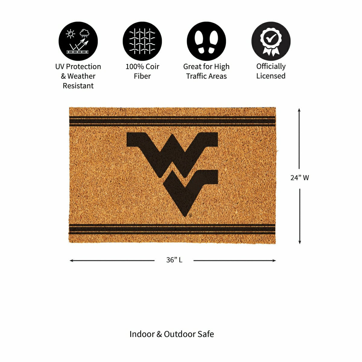 West Virginia University Large One Color Coir Mat, 36"x24" - Collegiate