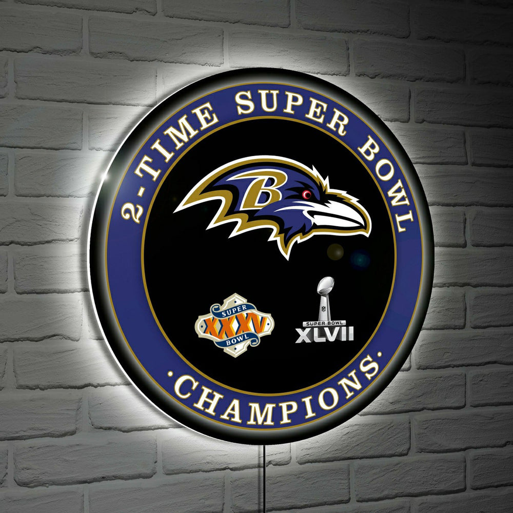 Baltimore Ravens 3X Superbowl Champions Football Round LED Wall Decor - NFL Home