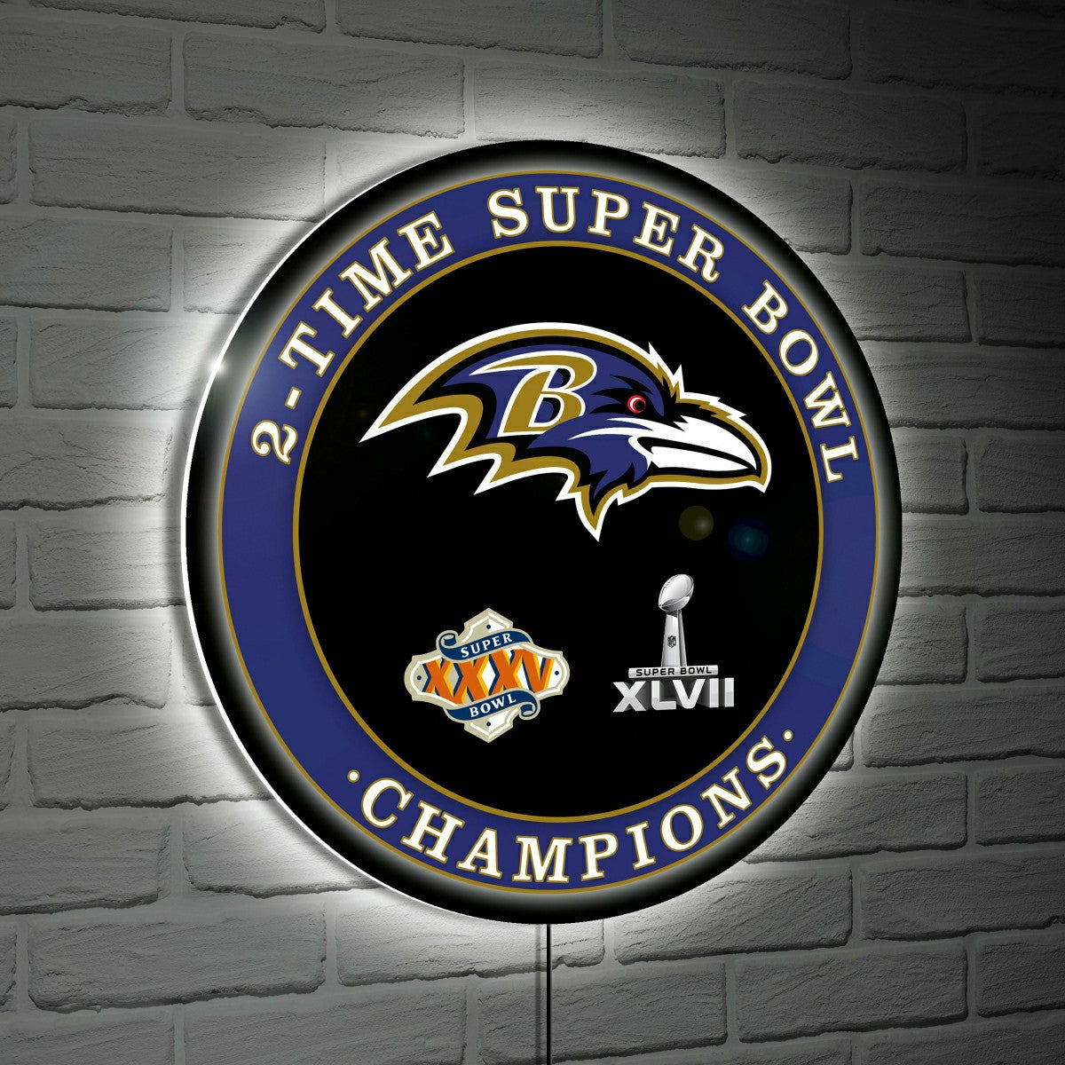 Baltimore Ravens 3X Superbowl Champions Football Round LED Wall Decor - NFL Home