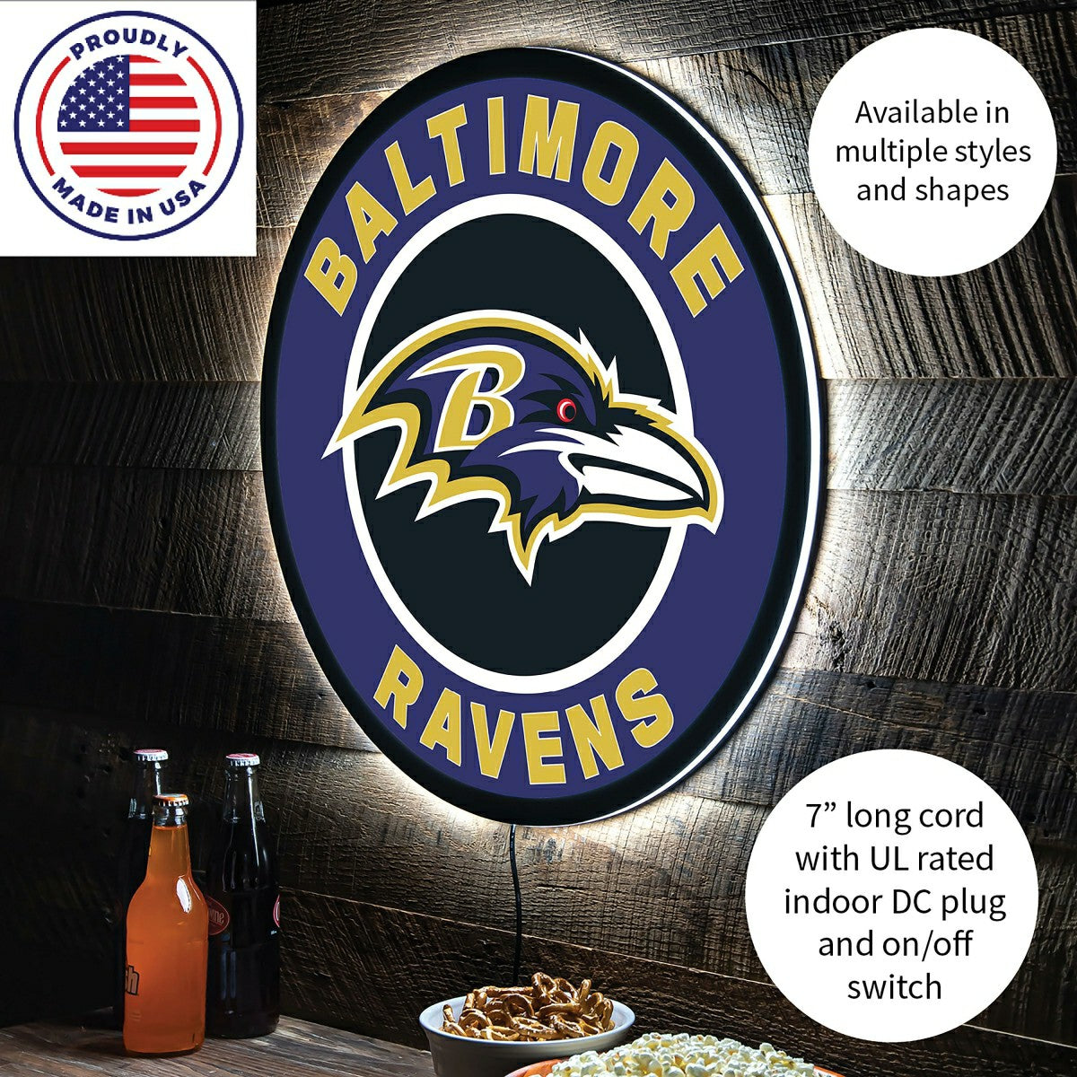 LED Wall Decor, Round, Baltimore Ravens - NFL Home