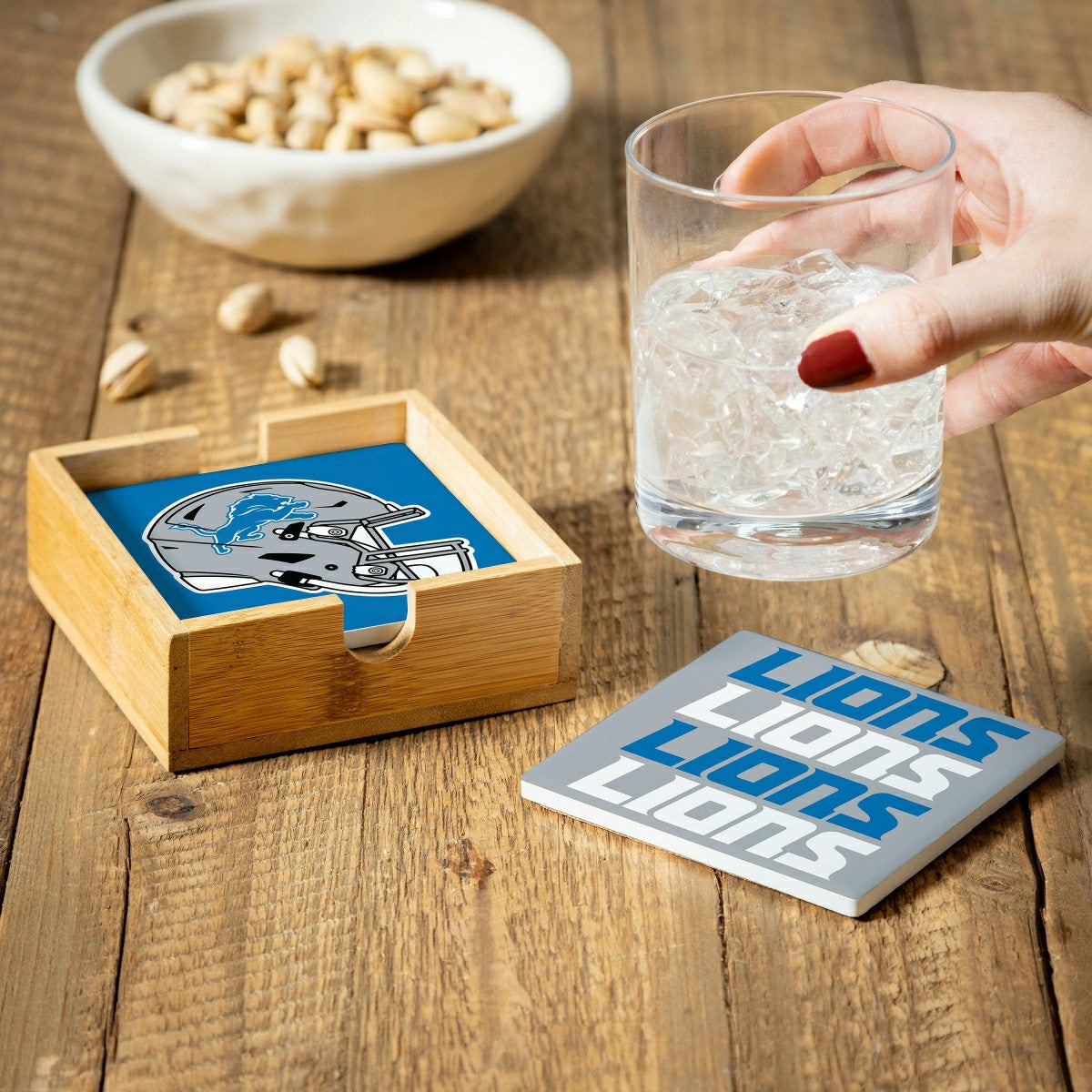 Detroit Lions Ceramic Coasters Set, 4pcs with Wood Caddy - NFL