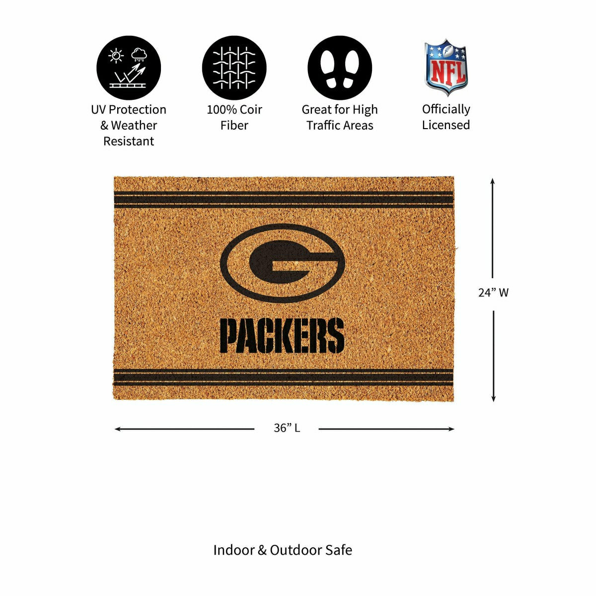 Green Bay Packers Large One Color Coir Mat, 36"x24" - NFL